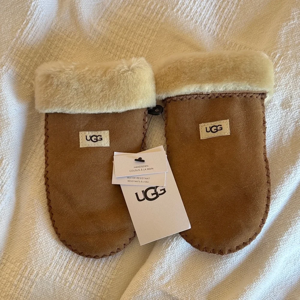 UGG Tan Sheepskin Mittens with Cream Trim